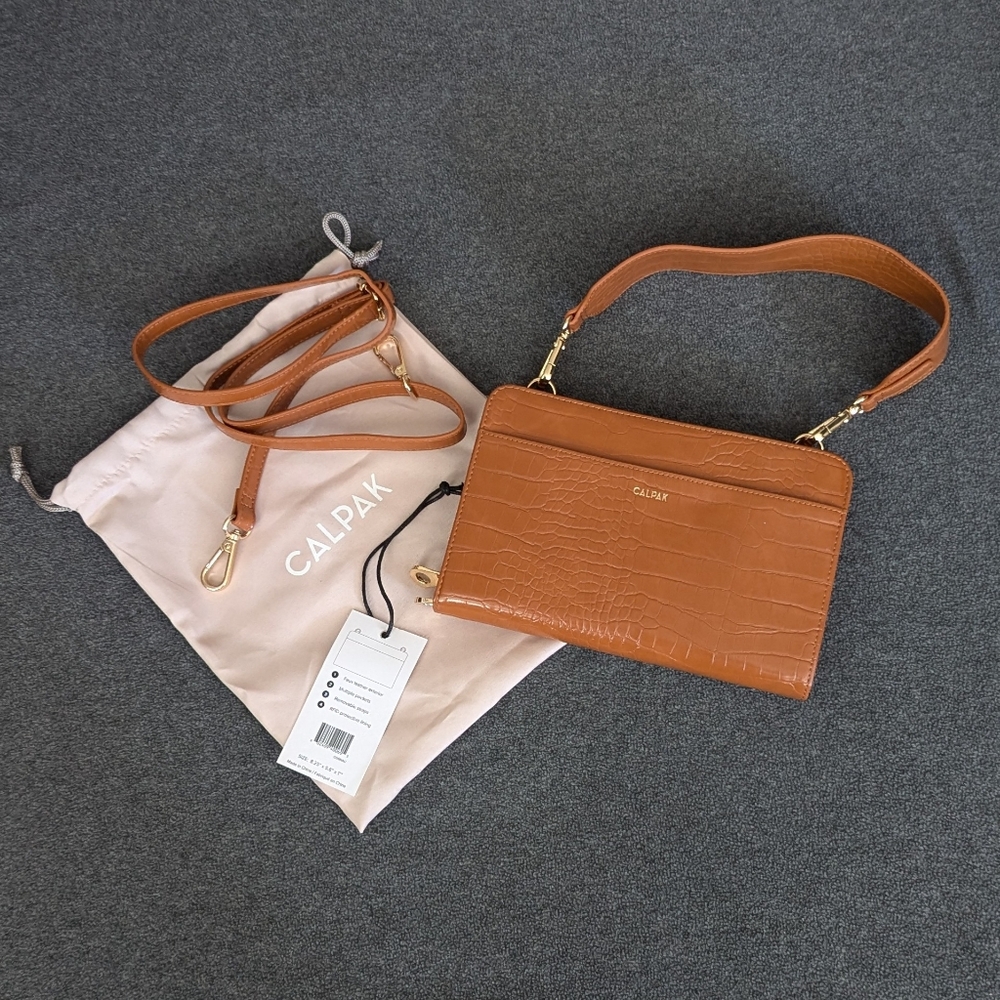 NWT CALPAK Croc Travel Wallet in Cognac